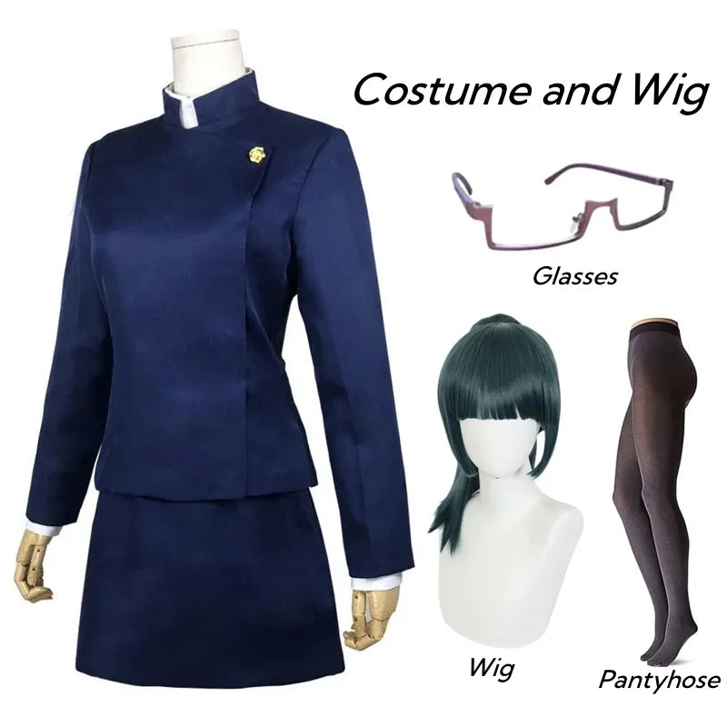 Jujutsu Kaisen Maki Zenin Cosplay Costume - Full Set with Wig, Glasses, Top and Skirt for Halloween and Anime Conventions