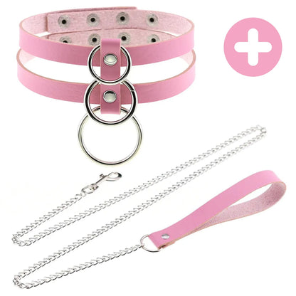 Pink Gothic Punk Collar Necklace - Cute Adjustable Couple Role-Play Choker with Matching Lanyard, Gift for Her