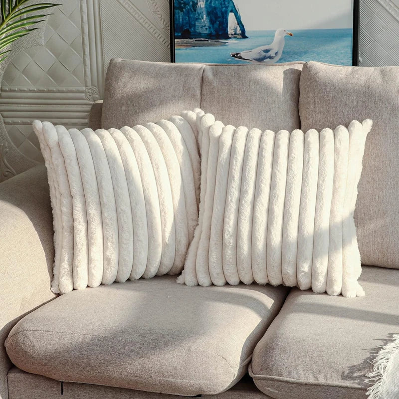 Faux Rabbit Fur Square Cushion Cover – Thick Striped Super Soft Solid Color Pillow, 45x45cm Sofa Decor