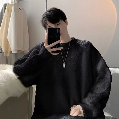Men's Autumn Fluffy Knit Sweater - Loose Warm Korean Style Y2K Vintage Winter Pullover