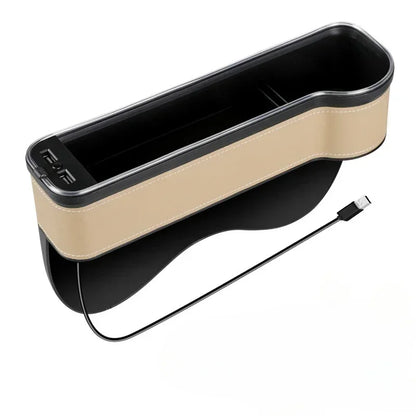Car Crevice Storage Box with 2 USB Chargers & LED Light – Seat Gap Organizer for Phone, Cards, Bottles, and Cups