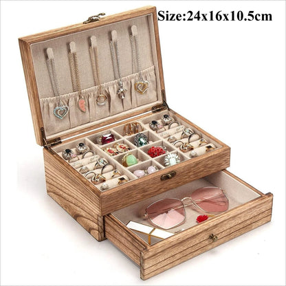 Vintage Solid Wood Jewelry Box – Two-Layer Necklace & Earring Display with Mirror