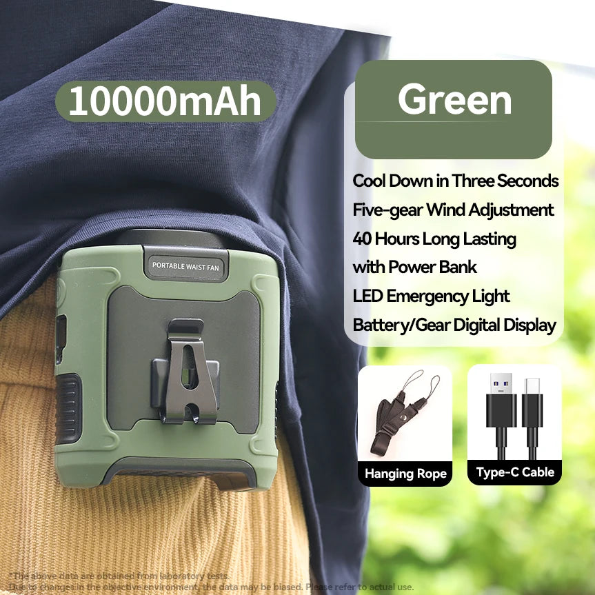 20000mAh Outdoor Portable Waist Fan - Hanging Neck Fan with Strong Wind, Power Bank & LED Lighting for Sports & Outdoor Work