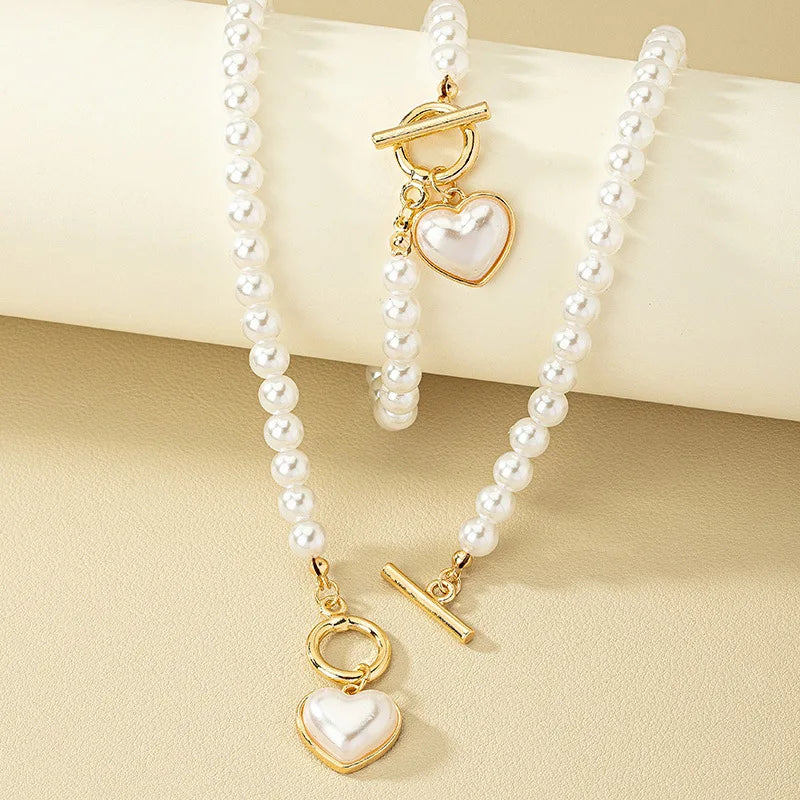 Pearl Heart Jewelry Set for Women - 2-Piece Necklace & Bracelet Imitation Pearl Chain Set