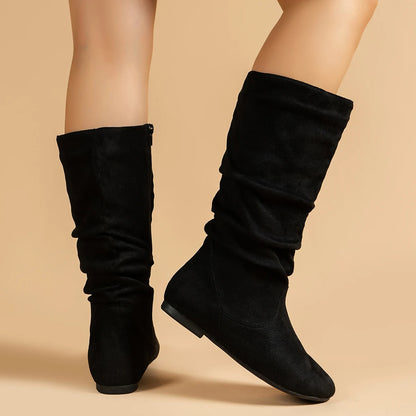 Pleated PU Women’s Fashion Boots – Casual Side-Zip Round Toe Flat High Solid Color Boots
