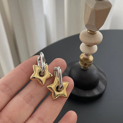 Lucky Star Stainless Steel Star Earrings — French Oval Five-Pointed Design, Long-Lasting Color