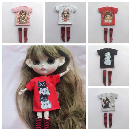 Handmade OB24 1/6 Blyth Doll Clothes – Cartoon T-Shirt with Striped Socks for 1/6 Doll Accessories