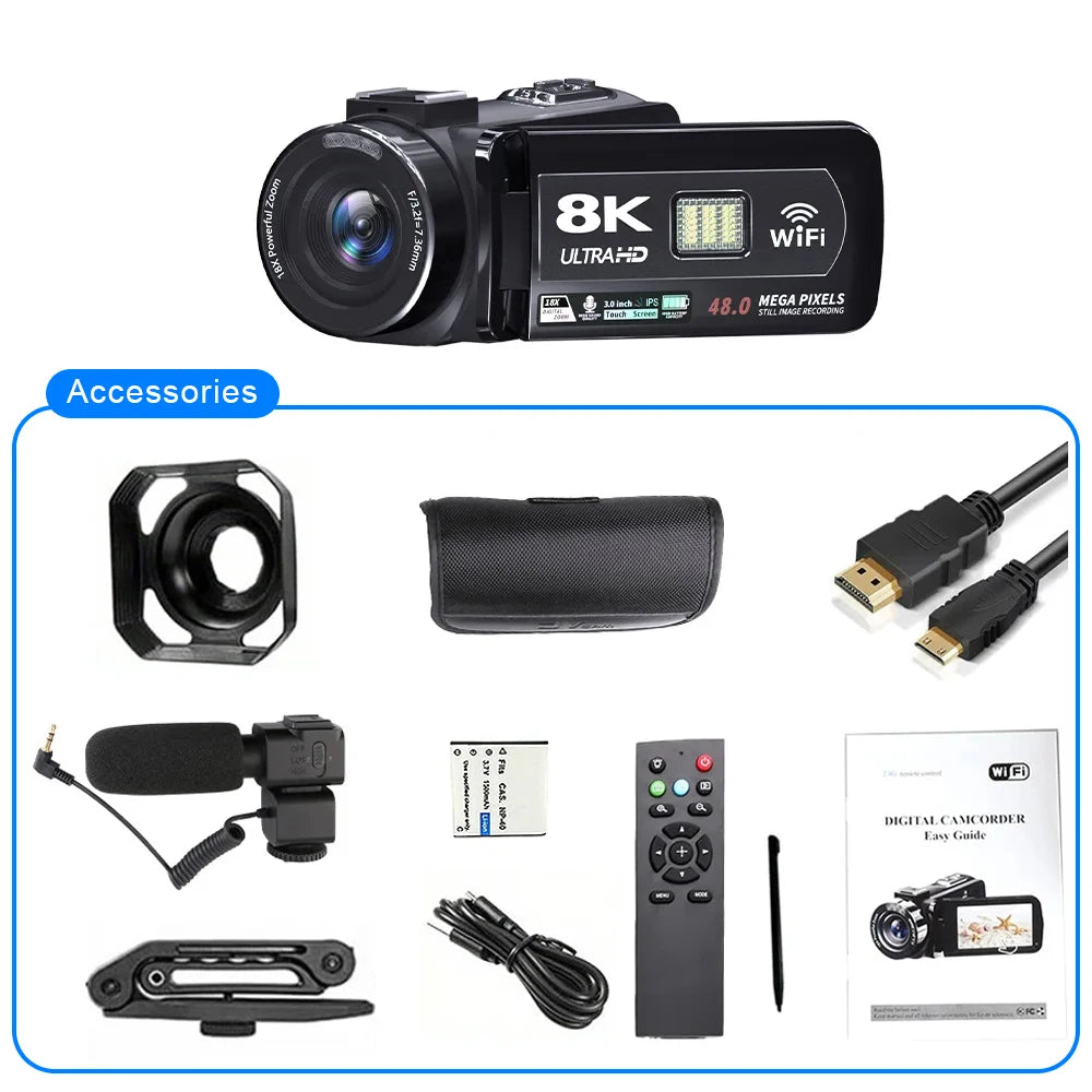8K HD Video Camera – 3-Inch LCD Touch Screen, 18X Digital Zoom, Ultra HD, WIFI Portable Camcorder Recorder