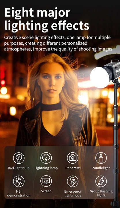 60W COB Video Light - CRI≥90, TLCI≥97, Dual Color Temperature 2700K-6500K, Portable Mini Bowens Live Lighting
