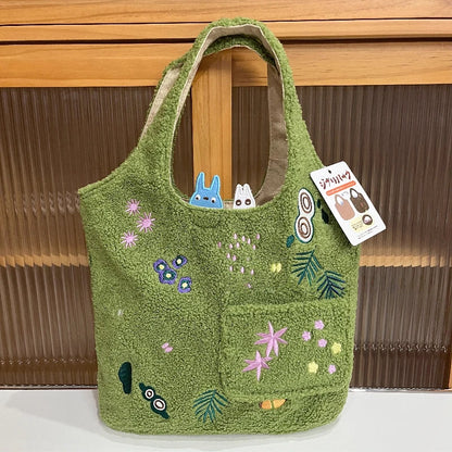 Cartoon Cat Embroidered Lamb Plush Handbag – Cute One-Shoulder Messenger Bag for Mobile Phone & Daily Use