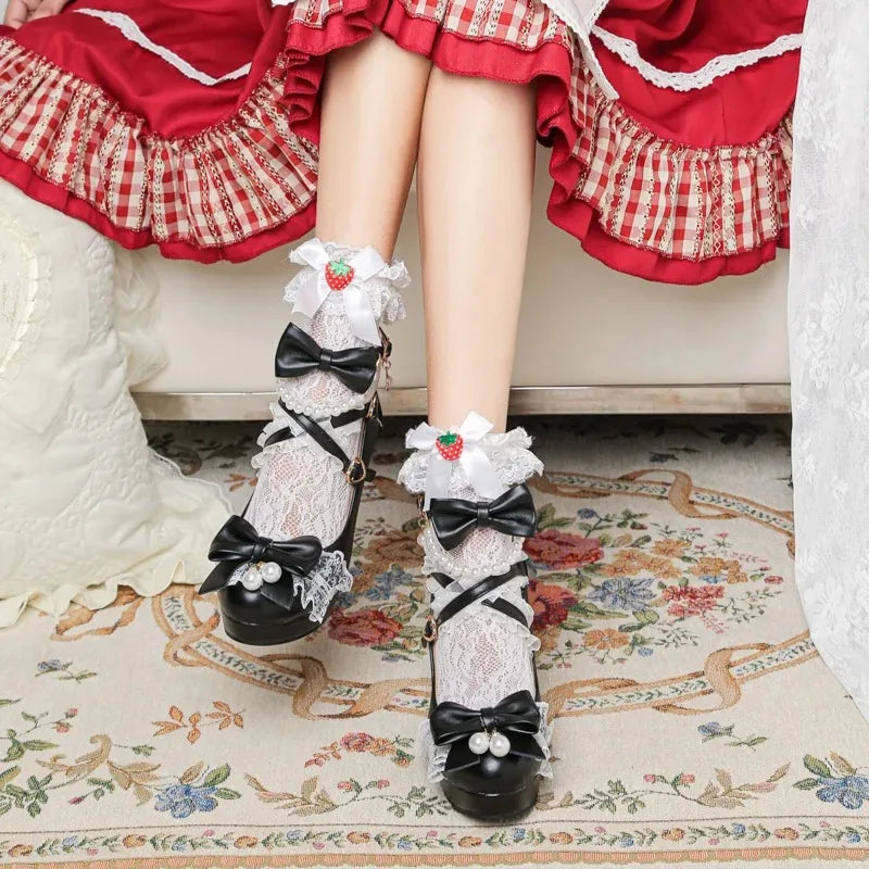 Women’s Cross Strap Mary Jane High Heels – Party, Wedding, Cosplay Lolita Pumps in White, Pink, Black, Strawberry Bow 2025