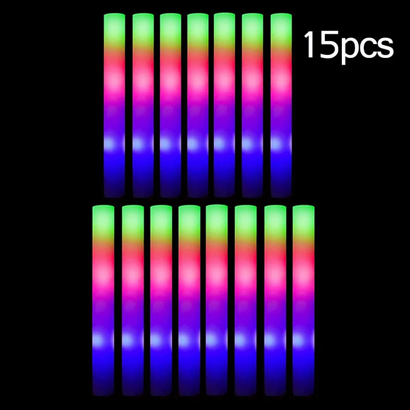 15/30PCS LED Glow Sticks Bulk – Colorful RGB Foam Light-Up Cheer Tubes for Christmas, Birthday, Wedding & Party Supplies