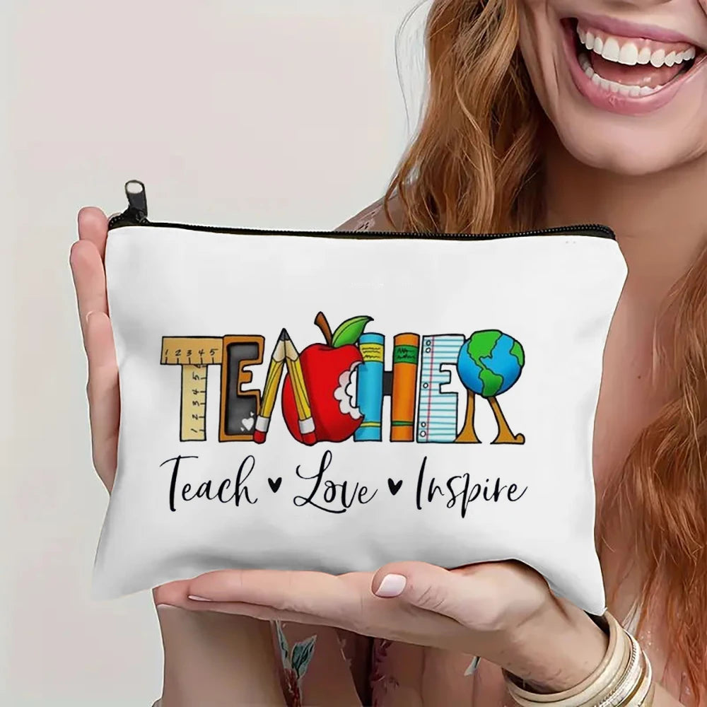Coffee Teacher Power Makeup Bag – Linen Cosmetic Pouch for Women, Teacher’s Day Gift & Pen Organizer