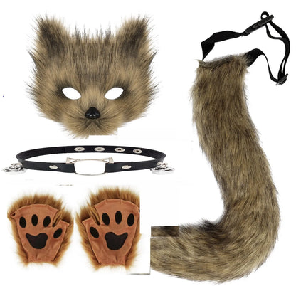 5pcs Fluffy Fur Fox Tail & Cat Paws Gloves Set — Wolf Mask Halloween Cosplay Costume Accessories for Theme Party Dress-Up