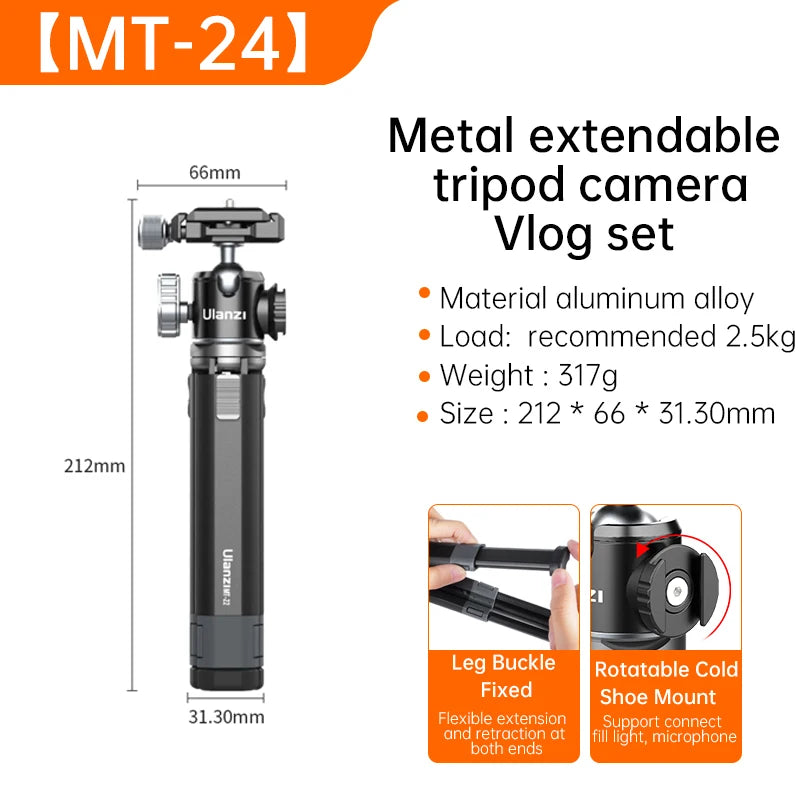 Ulanzi MT-24 Vlog Lite Metal Tripod – Extendable Monopod with Ballhead, Cold Shoe, Arca Quick Release, 1/4" Mount, 2.5KG Max Load