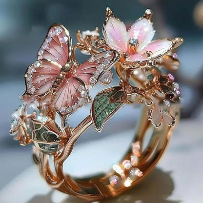 Flower Butterfly Ring - Romantic Rhinestone Adjustable Jewelry for Women, Weddings & Gifts