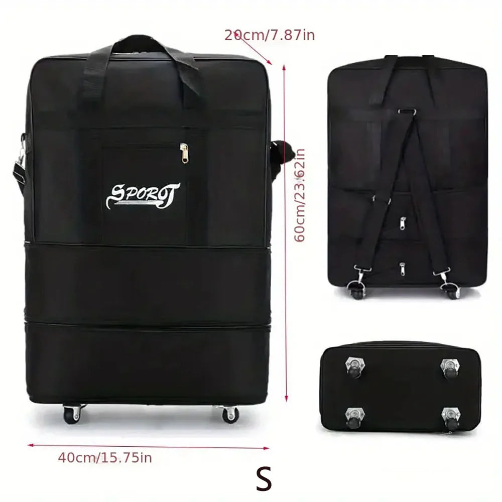 Foldable Trolley Travel Bag with Wheels – Expandable Black Luggage for Men & Women, Ideal for Weekend Trips & Overnight Travel