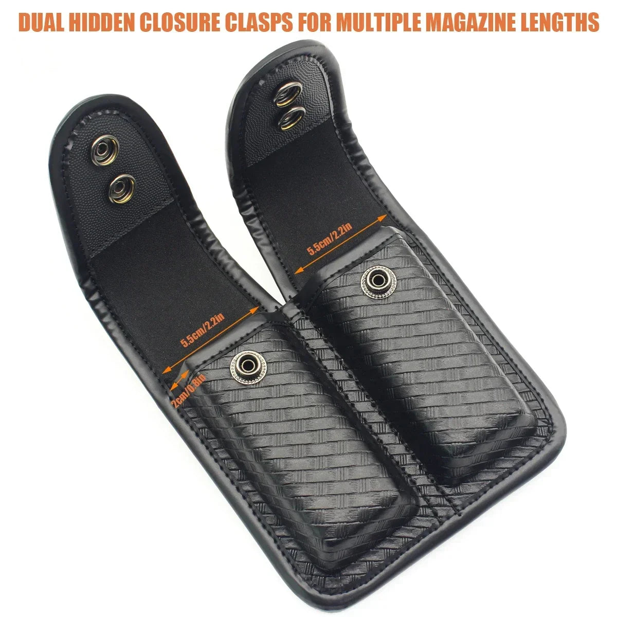 Tactical Black Basketweave Double Magazine Pouch - Leather Handgun Mag Holder with Snap Closure