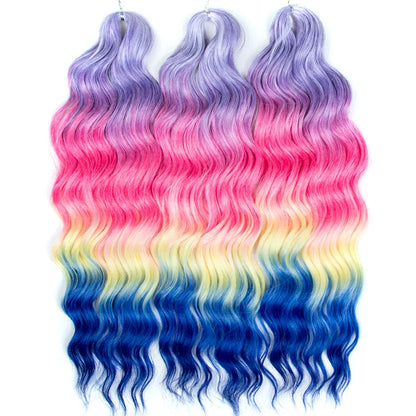 FASHION IDOL 24" Deep Wave Crochet Hair - 3-Piece Synthetic Water Wave Braiding Extensions, Ombre Rainbow Twist Hair