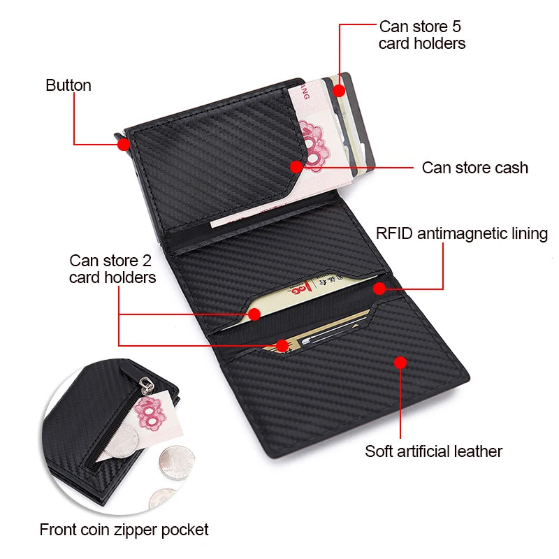 RFID Carbon Fiber Card Holder Wallet: Slim Thin Metal Leather Mini Wallet for Men - Black Purse, New Design