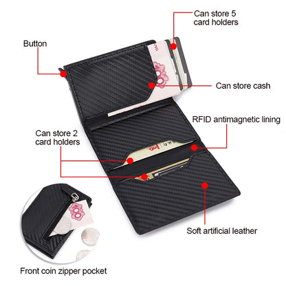RFID Carbon Fiber Card Holder Wallet: Slim Thin Metal Leather Mini Wallet for Men - Black Purse, New Design