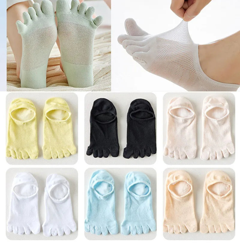 Men & Women Five-Finger Toe Socks – Breathable Mesh No-Show Ankle Sports Socks, Sweat-Absorbing Cotton Short Boat Socks