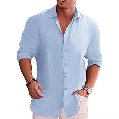 Men’s Cotton Linen Shirt - Long Sleeve Solid Color Casual Plus Size Autumn Top