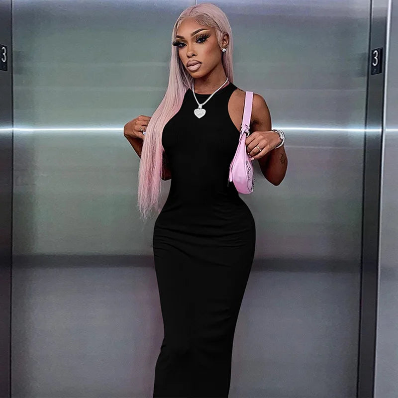 Hugcitar Ribbed Bodycon Maxi Dress - Y2K Sleeveless Sexy Club Party Streetwear Outfit for Women