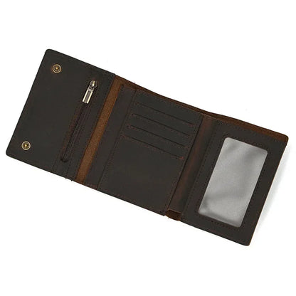 Men’s Genuine Leather Short Wallet with Chain – Trifold Zipper Clutch, Card Holder & Coin Purse