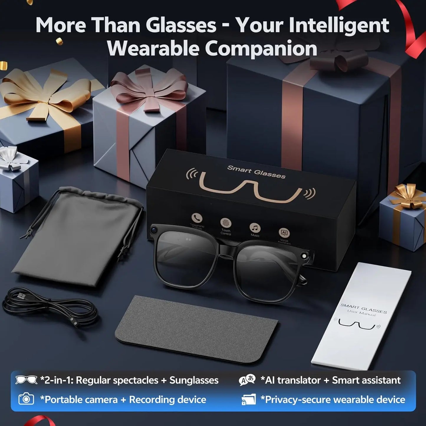 2026 Smart AI Glasses - 4K HD Camera with 8MP Video Recording, ChatGPT Support, 150+ Language Translation, WiFi & Bluetooth Audio