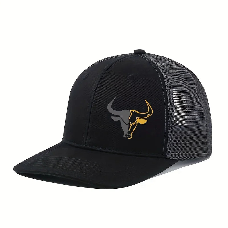Bull Head Print Mesh Trucker Cap - Breathable Outdoor Baseball Hat for Men & Women Fishing Sports Style