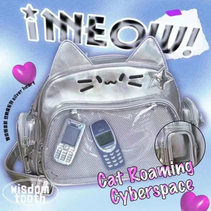 Y2K Korean Kawaii Cat Ita Bag — Cute PU Transparent Shoulder & Crossbody Bag for Girls, Harajuku Style Backpack