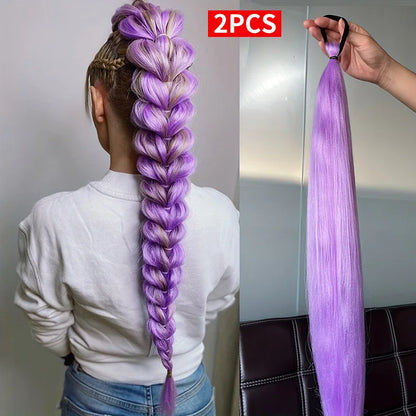 2pcs Purple Synthetic Braiding Hair – Long Straight DIY Braided Ponytail Hairpieces for Women, Party & Stage Hair Accessories