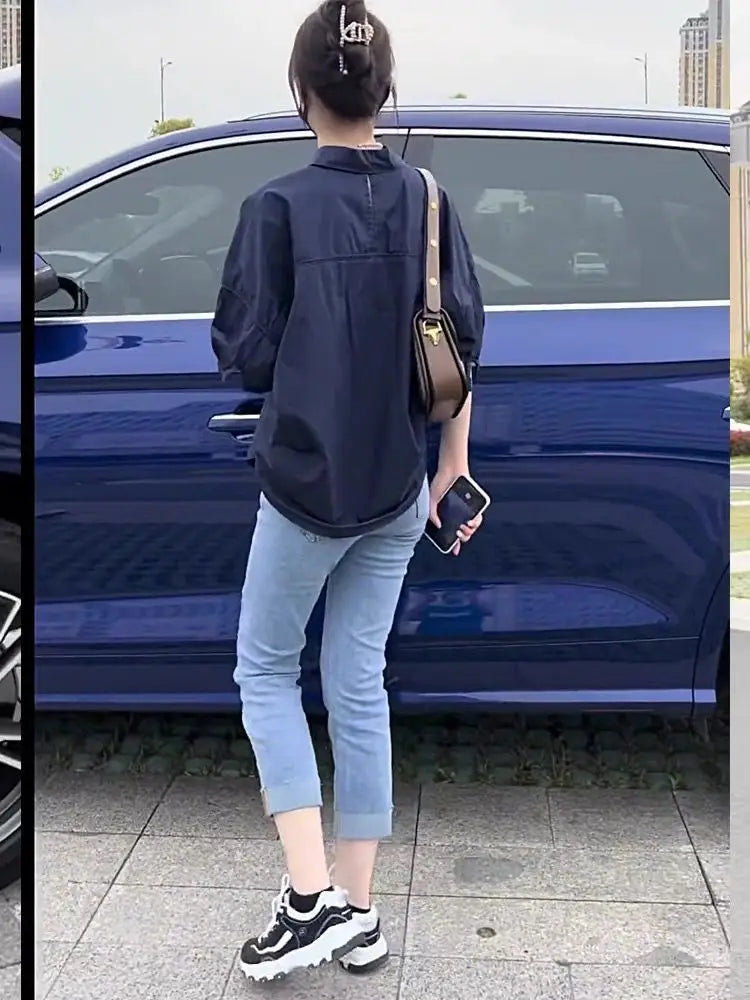 2025 Women’s Cotton Mid-Sleeve Loose Blouse – Casual Irregular Summer Shirt Korean Fashion
