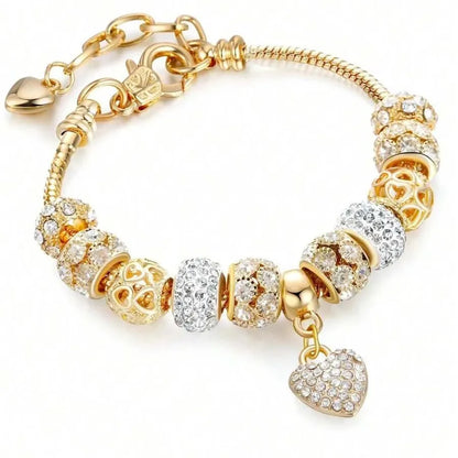Obega Love Heart & Flower Glass Pendant Charm Bracelet - Adjustable Pink & White Crystal Stone Bead Bracelet in Silver/Gold
