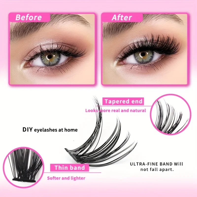 640Pcs Eyelash Extension Kit – D Curl 9-16mm Lash Clusters with Bond & Seal, Tweezers, and Brush