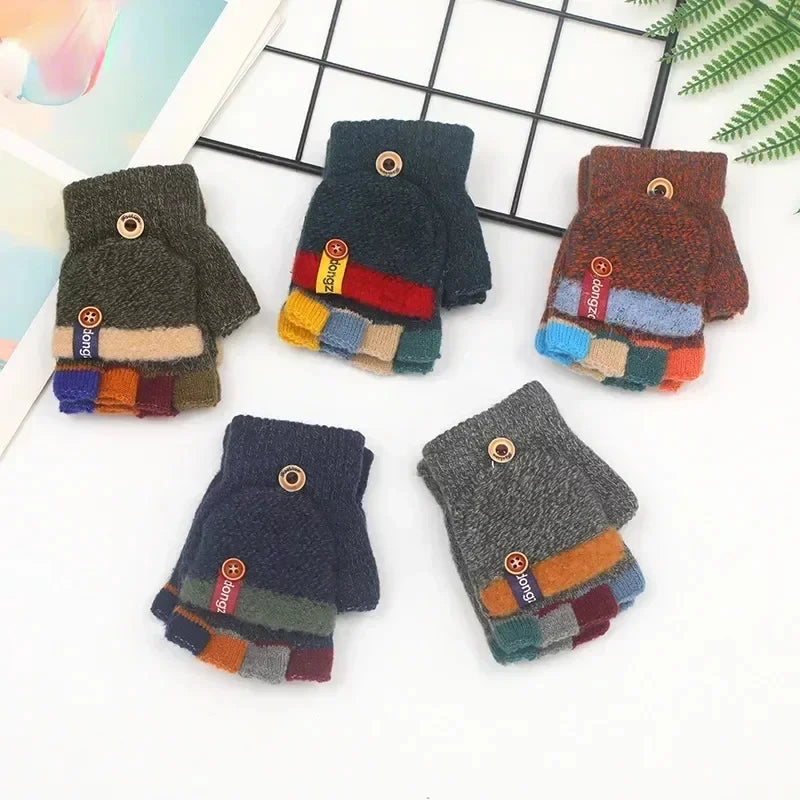Kids’ Half-Finger Flip Gloves - Warm Jacquard Autumn Winter Gloves for Children and Students