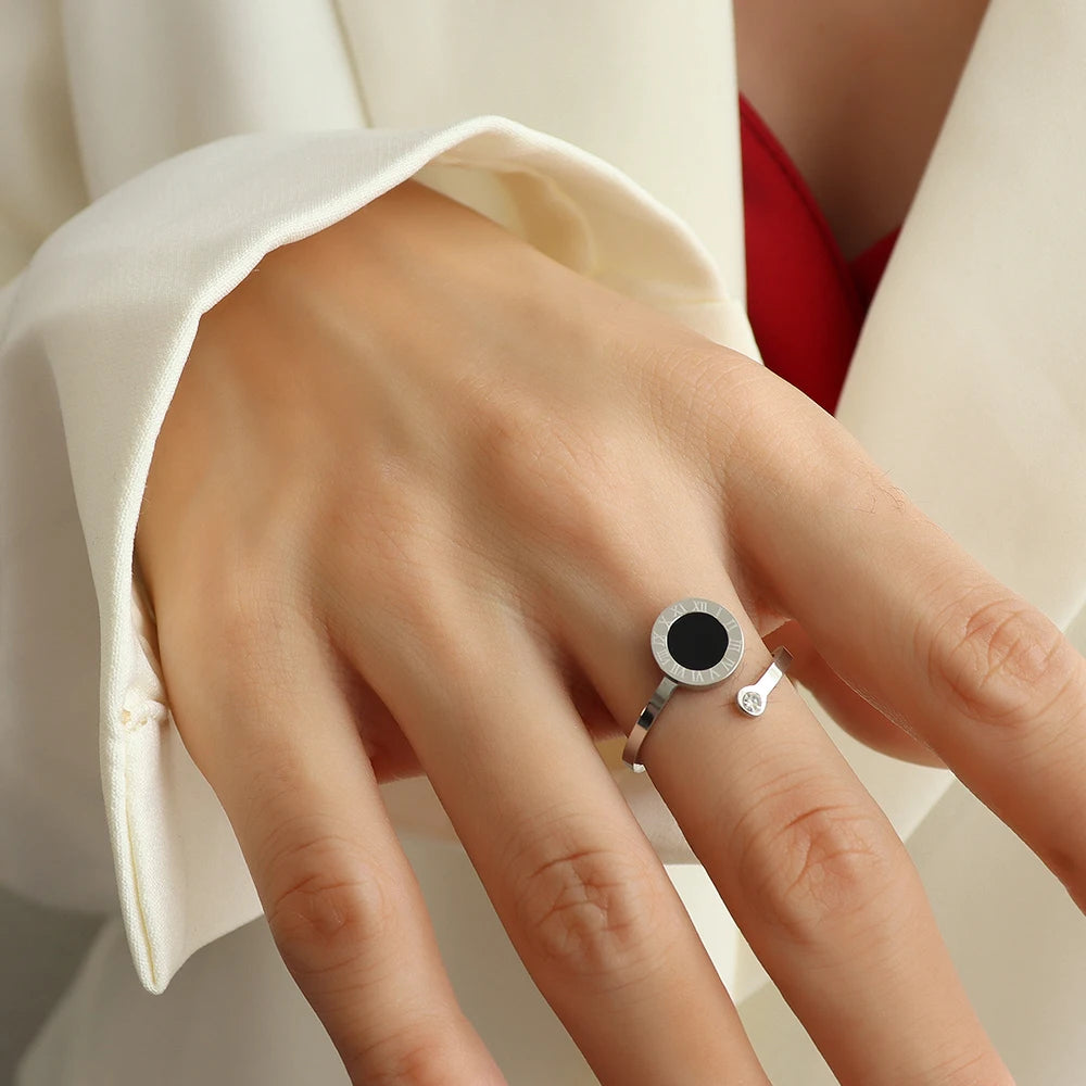 RAKOL 316L Stainless Steel Roman Numeral Ring – Black Shell Adjustable Zircon Tail Ring for Women, Fashion Jewelry