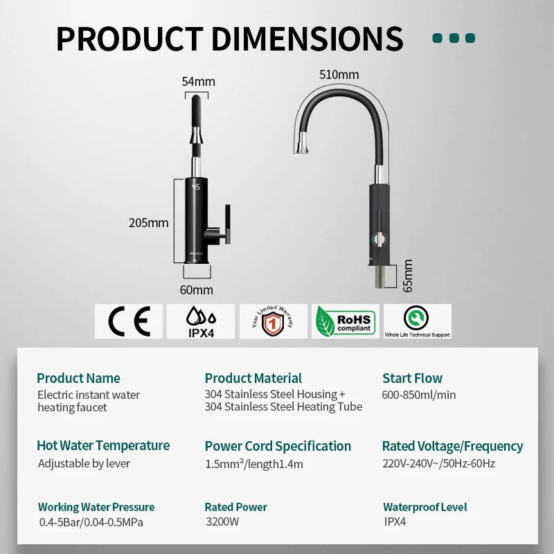 Briwellna 220V Electric Faucet – Instant Water Heater Tap with Universal Spout, Stainless Steel Geyser