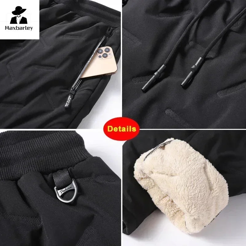 Men’s Winter Down Cotton Pants — Waterproof Thickened Wool Jogger with Zipper Pockets, Warm Outdoor Ski Pants, 7XL