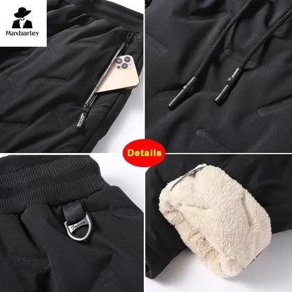 Men’s Winter Down Cotton Pants — Waterproof Thickened Wool Jogger with Zipper Pockets, Warm Outdoor Ski Pants, 7XL