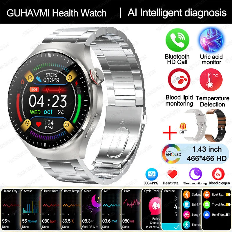 2025 Nursing-Grade Smartwatch — Blood Oxygen, Lipid, Uric Acid, ECG+PPG, Body Temperature & Bluetooth Call Health Tracker