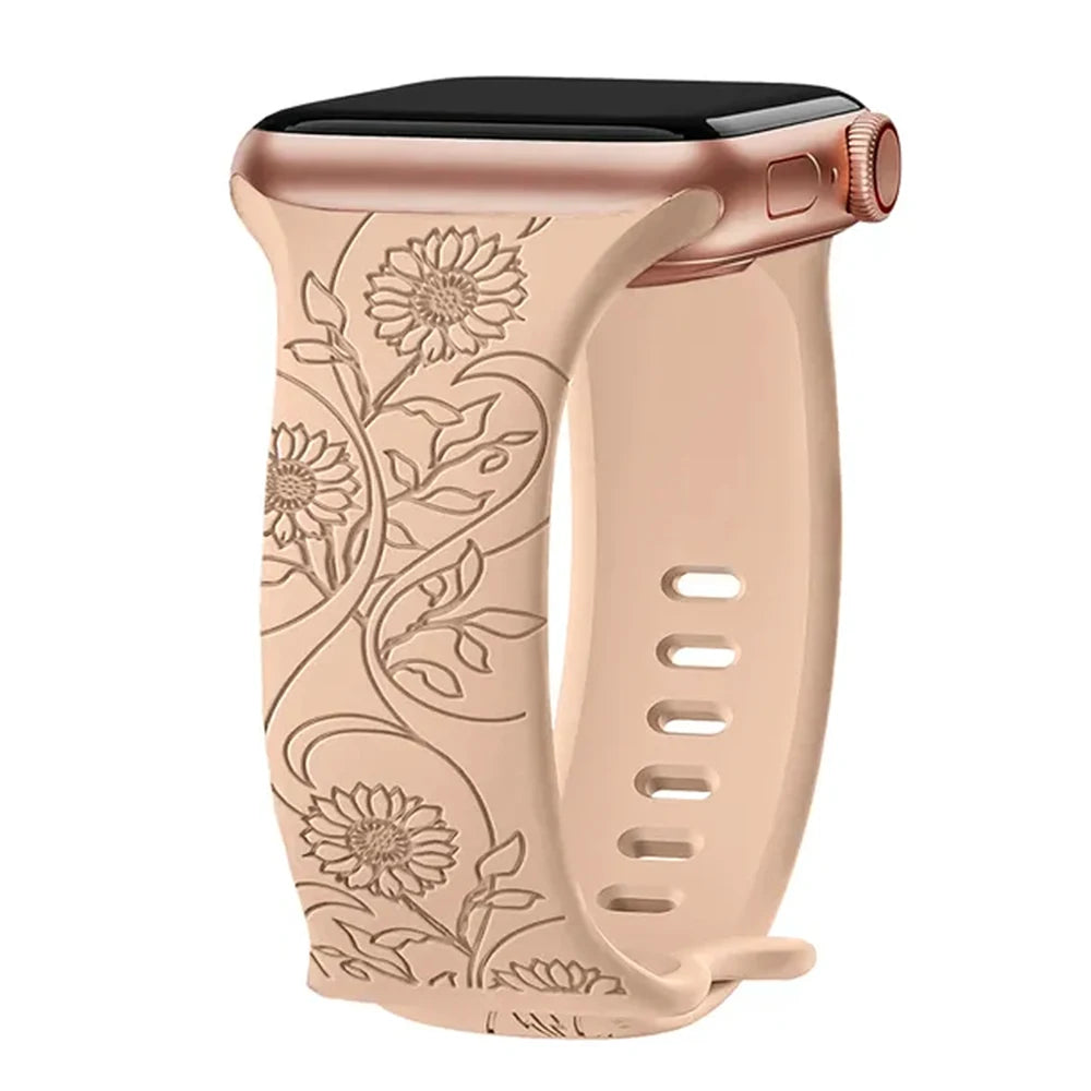 Floral Engraved Strap for Apple Watch Band - 44mm, 42mm, 41mm, 40mm, 45mm, 49mm - Correa Bracelet for iWatch Series 9, 7, SE, 6, 8, Ultra 2