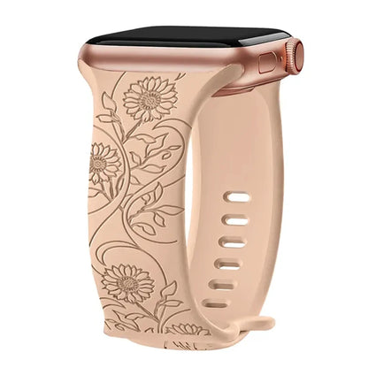 Floral Engraved Strap for Apple Watch Band - 44mm, 42mm, 41mm, 40mm, 45mm, 49mm - Correa Bracelet for iWatch Series 9, 7, SE, 6, 8, Ultra 2