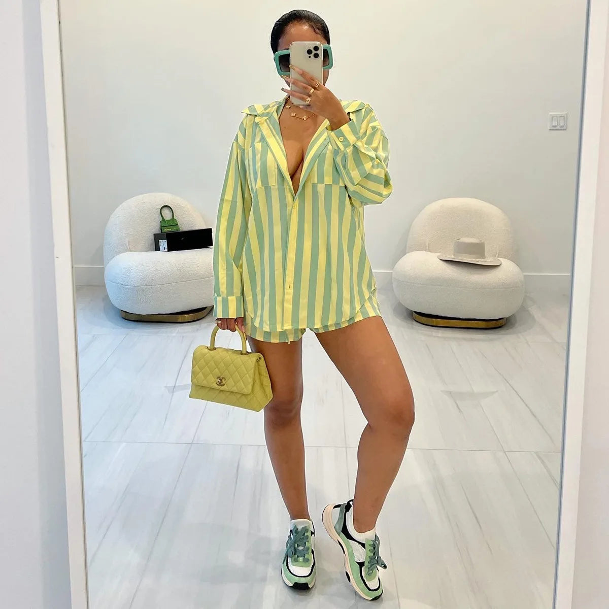 2025 Women’s Casual Striped Shorts & Long Sleeve Shirt Set – Spring Summer Office & Vacation Outfit