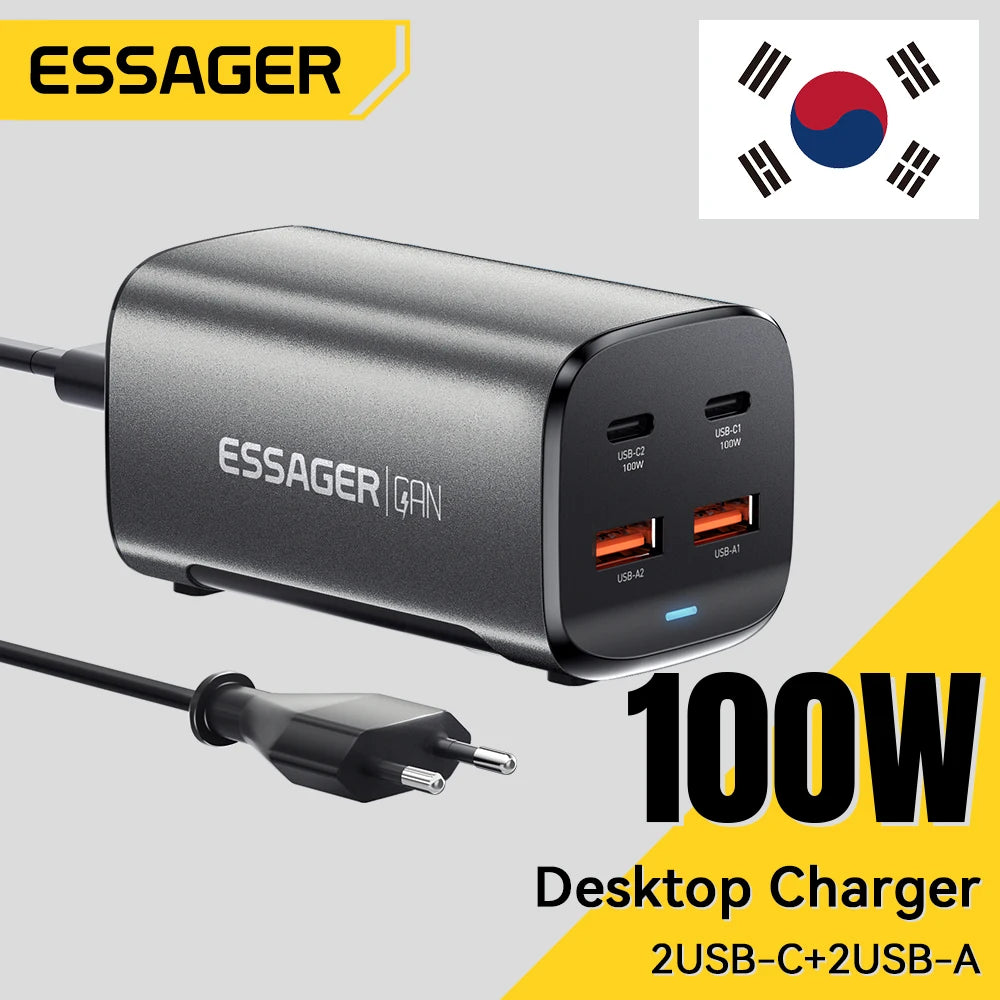 Essager 100W GaN USB-C Charger – Fast Desktop Charger with QC 4.0/3.0 PD for MacBook, iPhone 15, Samsung, Laptop & POPC