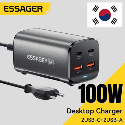 Essager 100W GaN USB-C Charger – Fast Desktop Charger with QC 4.0/3.0 PD for MacBook, iPhone 15, Samsung, Laptop & POPC