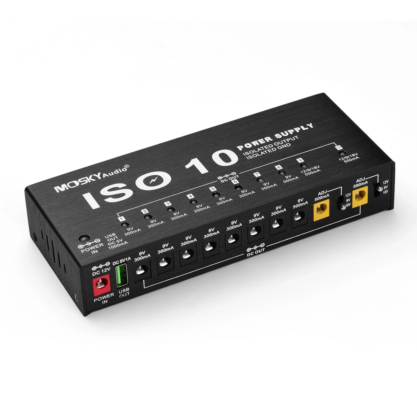 MOSKY ISO 10 Guitar Effect Pedal Power Supply – 10 Isolated DC Outputs, 5V USB Output, 9V 12V 18V Protection for Guitar Accessories