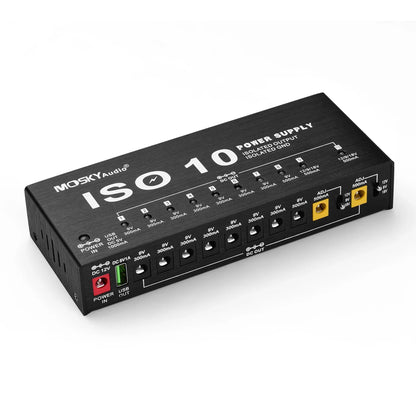 MOSKY ISO-10 Guitar Pedal Power Supply – 10 Isolated DC Outputs, 5V USB Output for 9V, 12V, 18V, Protection for Guitar Accessories