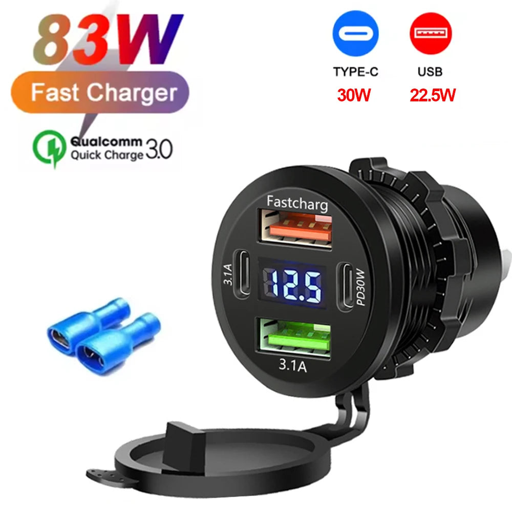 117W Dual USB Car Charger - PD & QC3.0 Fast Charging Adapter with Voltmeter Waterproof Socket for 12V/24V Vehicles
